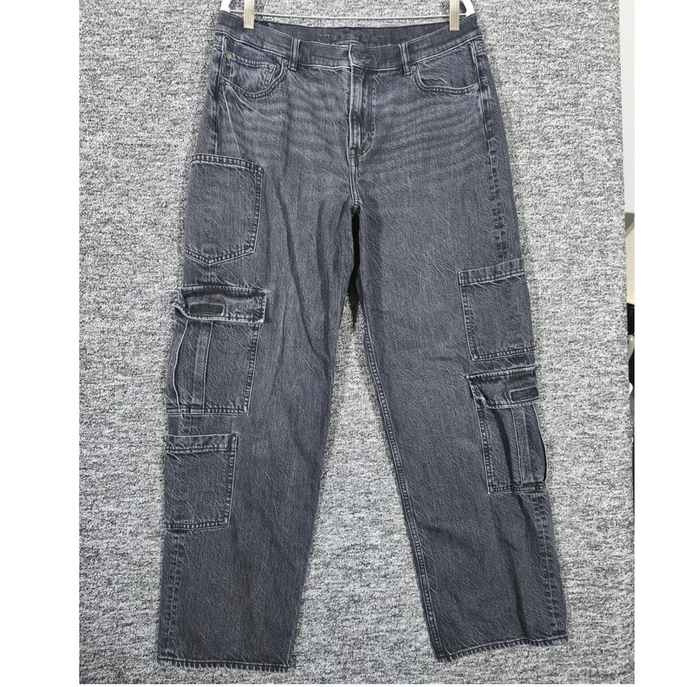 American Eagle High Rise Wide Leg Cargo Jeans Womens 14 Long Black Stretch